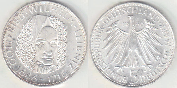 1966 D Germany silver 5 Mark (Leibniz) A000110